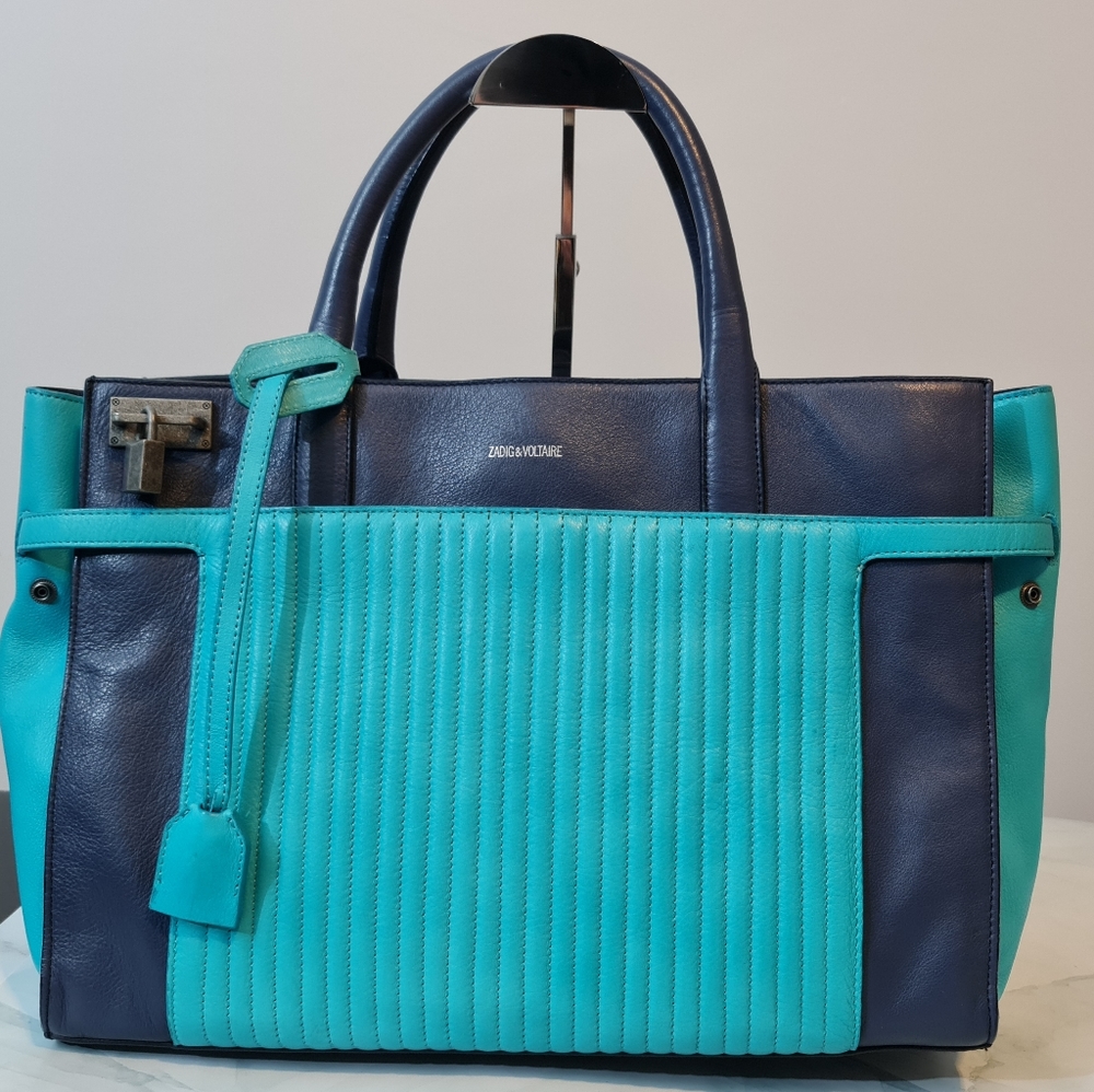Authentic Zadig & Voltaire Blue/Green Leather Candide TOTE - Picture 7 of 12
